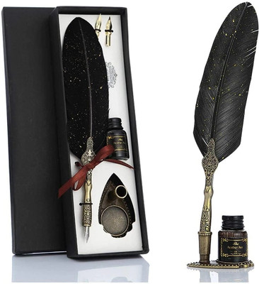 Estervig Luxury Black Feather Quill Dip Pen Set with Black Ink, 2 Extra Nibs & Stand Calligraphy(Ink Color - Black)