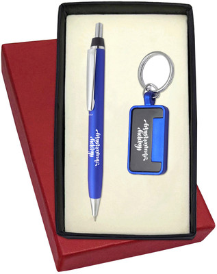 UJJi Happy Anniversary Logo Engraved Click Mechanism Blue Pen with Chrome Part Pen Gift Set(Pack of 2, Ink Color - Blue )