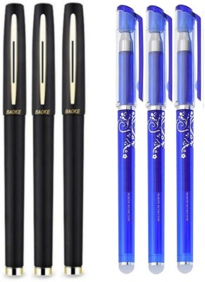 Baoke 3 Black Gel Ink Roller Ball Pen 1.0mm+FREE 0.35mm Blue Ink 3 Erasable Gel Pen(Pack of 6, Ink Color - Black)