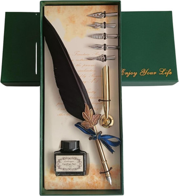 Gold Leaf Feather Quill Pen and Ink Set–Antique Calligraphy Dip Pen with 5 Nibs Calligraphy(Ink Color - Multicolor)
