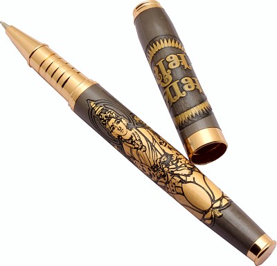 Ledos Goddess Laxmi & Shub Labh Engraved On Gray Color Metal Body With Golden Trims Roller Ball Pen(Ink Color - Blue Refill)