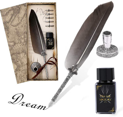 Climberty Handmade Feather Pen Calligraphy Pens Set, Pen Set Gifts for Women Girls Quill Pen Writing Ink Set Stationery Gift Box with 5 Replacement Nib, Ink,Pen Nib Base (Black) Ball Pen(Pack of 18, Ink Color - Black)