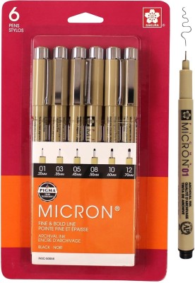 SAKURA Pigma Micron Black Ink Multi-tip (01.03.05.08.10.12) Nib(Pack of 6, Black)