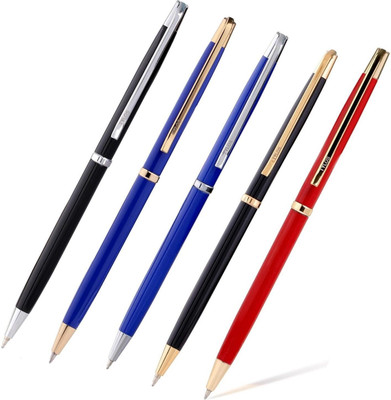 Tylos Classic Metal Body Pens Colors as It is with Cap Studded Stone on Top Arrow Clip Ball Pen(Pack of 5, Ink Color - Blue)