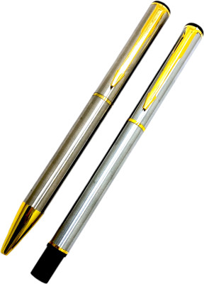 JINHAO Executive 801 Steel Metal Body With Designer Gold Plated Clip Roller and Ball Pen Gift Set(Pack of 2, Ink Color - Blue)