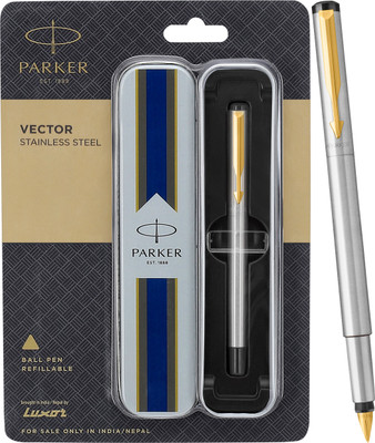 PARKER Vector Stainless Steel, Gold Trim With Gold Finish Nib Fountain Pen(Ink Color - Blue)