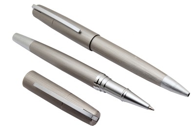 Ledos Set Of Retractable Matte Silver Gray Metal Body Chrome Trims Ballpoint Pen & Roller Ball Pen(Pack of 2, Blue Refill)