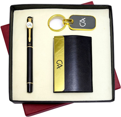UJJi CA Gifts 3in1 Golden Part Black Body Pen, Keychain and ATM Card Holder Pen Gift Set(Pack of 2, Ink Color - Blue )