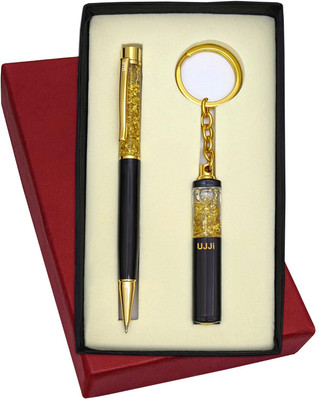 UJJi Golden Gel Filled Brass Body Ball Pen & Gel Filled Keychain Pen Gift Set(Pack of 2, Ink Color - Blue )