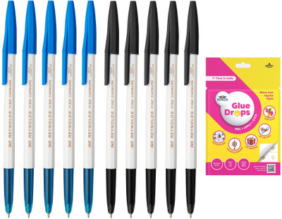 Reynolds 045 Ball Point Smooth Writing Pen With Glue Drops Ball Pen(Pack of 10, Ink Color - Blue, Black)