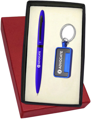 UJJi Advocate Logo Engraved Metal Keychaind with Matte Blue Twist Mechanism Pen Gift Set(Pack of 2, Ink Color - Blue )