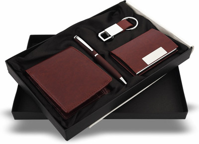 GifMor Premium 9132 Tan - Wallet, Keychain, Card Holder and Pen Gift Set(Pack of 4, Ink Color - Blue)