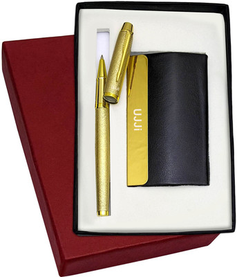UJJi 2in1 Texured Body Design Gold Roller with ATM Card Holder Pen Gift Set(Pack of 2, Ink Color - Blue )