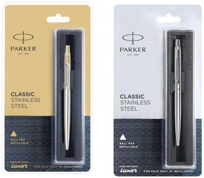 PARKER Classic Stainless Steel with Gold Plated/Chrome trim Clip Ball Pen Ball Pen(Pack of 2, Blue)