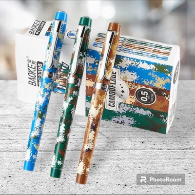 Baoke colorful camouflage 0.5mm tip gel pen diamond head gel ink pen with metal clip Roller Ball Pen(Pack of 6, Ink Color - Black)