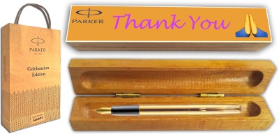 PARKER FRONTIER GOLD GT FP With Wooden Thank You Wishing Gift Box and Gift Bag Fountain Pen(Blue)
