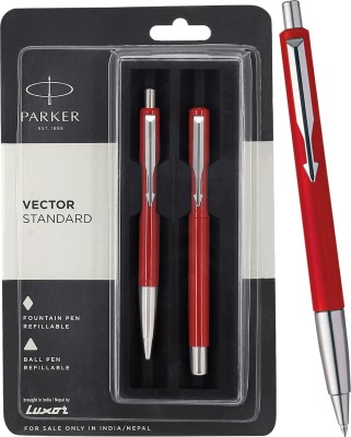 PARKER Vector Standard, Chrome Trim Fountain Pen & Red Body Colour Ball Pen(Pack of 2, Ink Color - Blue)