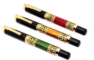Ledos Set Of 3 Dikawen Royal Wood Textured Metal Body Roller Ball Pen(Pack of 3, Blue)