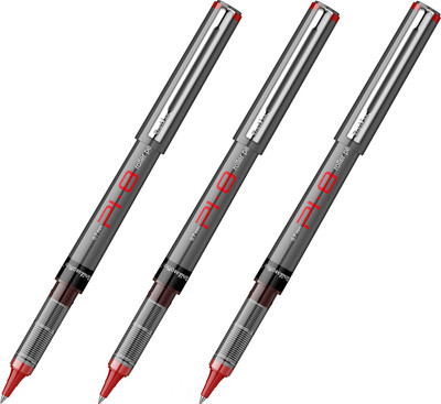 Scrikss PI-8 Roller Pen 0.7mm - Fast Drying Ink, Chrome Plated Tip, Ink Level Indicator Roller Ball Pen(Pack of 3, Ink Color - Red)