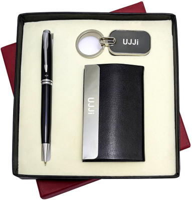 UJJi 3in1 Set with Black Colour Twist Metal Pen, Keychain and ATM Card Holder Pen Gift Set(Pack of 2, Ink Color - Blue )