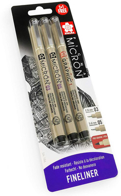 SAKURA Pigma Micron - Pigment Fineliner Pens - 0.3/0.5mm/Graphic Fineliner Pen(Pack of 3, Ink Color - Black)