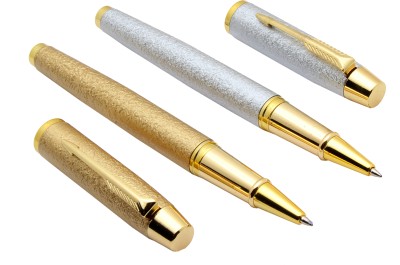 Ledos Set Of Gold & Silver Sand Finish Rock Textured Metal Body Roller Ball Pen(Pack of 2, Blue Refill)