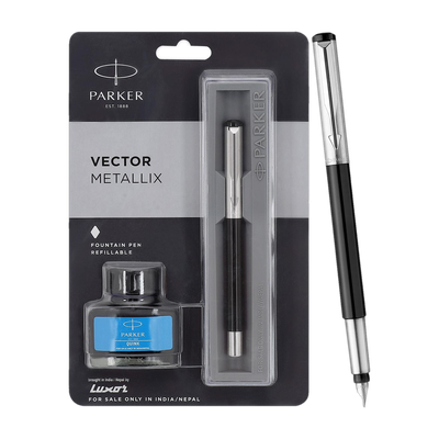 PARKER Vector Metallix Stainless Steel, Fine Nib With Quink Ink Bottle Fountain Pen(Ink Color - Blue)
