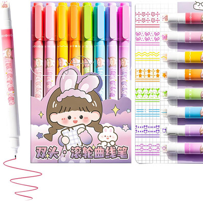 Sanchi Creation 2 in 1 Colorful Pen Set with Stamp, Roller Stamp Curve Highlighter Pen Set Multi-function Pen(Pack of 8, Ink Color - Multicolor)