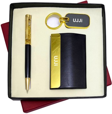 UJJi 3in1 Combo Set with Golden Gel Filled Shiny Pen, Keychain and ATM Card Holder Pen Gift Set(Pack of 2, Blue Ink)