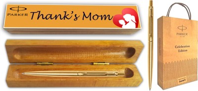PARKER CLASSIC GOLD GT BP With Wooden Thank's Mom Wishing Gift Box & Gift Bag Ball Pen(Blue)