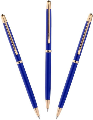 Tylos Classic Metal Blue Body Pen with Golden Cap Studded Stone on Top Arrow Clip Ball Pen(Pack of 3, Ink Color - Blue)