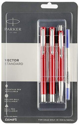 PARKER PARKER VECTOR STANDARD RED CT FOUNTAIN PEN, ROLLERBALL PEN & BALL PEN SET Pen Gift Set(Ink Color - Blue)