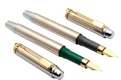Ledos Set Of 2 Oliver Brushed Steel Body With Golden Trims Fountain Pen(Pack of 2, Eyedropper System)
