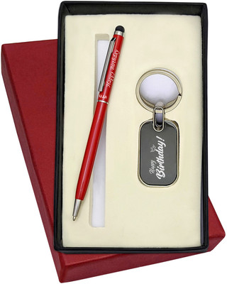 UJJi 2in1 Happy Birthday Engraved Red Color Slim Design Pen and Keyring Pen Gift Set(Pack of 2, Ink Color - Blue )