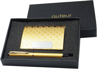 auteur Elegant & Stylish 801Gold Pen & Rfid Safe Visiting / Debit / Credit Card Holder Pen Gift Set(Pack of 2, Ink Color - Blue)