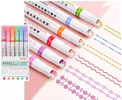 fixer Linear curve pen for kids for drawing, doodling and stamping Roller Ball Pen(Pack of 6, Ink Color - Multicolor)