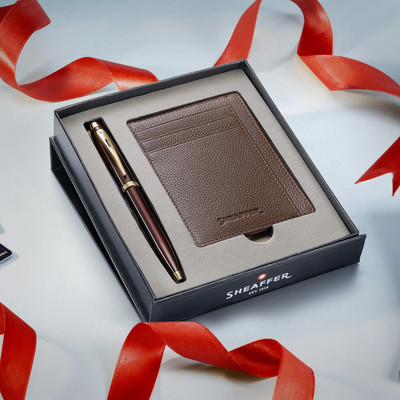 SHEAFFER Gift 10O | G9370 Glossy Brown Ball Pen with Rustic Credit Card Holder | Premium Pen Gift Set(Pack of 2, Ink Color - Black)