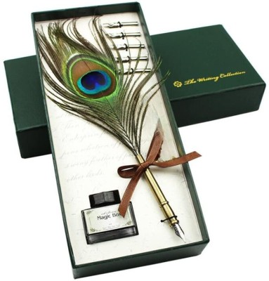 DEZIINE Antique Quill Peacock Feather Pen with Holder and Ink Calligraphy(Ink Blue)