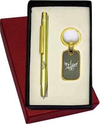 UJJi Happy Married Life Engraved Set in Gold Color Retractable Pen & Metal Keychain Pen Gift Set(Pack of 2, Blue Ink)