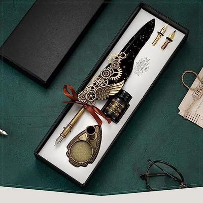 Birud Glittering Quill Pen Set Antique Calligraphy Writing Dip Pen with Black Ink Pen Calligraphy(Ink Color - Black)