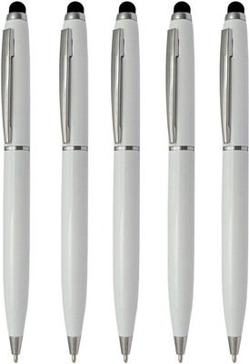 UJJi Metal White Pen with Stylus for Touch Screen Ball Pen(Pack of 5, Ink Color - Blue)