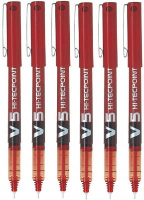 PILOT Hi-Tecpoint 0.5mm V5 Extra Fine Point Pure Liquid Ink Roller Ball Pen(Pack of 6, Ink Color - Red)
