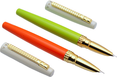 Ledos Set Of 2 Lucky Orange & Green With Golden Trims & Fine Nib Fountain Pen(Pack of 2, Ink Color - converter system)