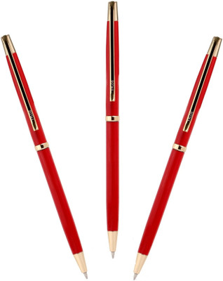 Tylos Classic Metal Red Body with Golden Cap Studded Stone on Top Arrow Clip Ball Pen(Pack of 3, Ink Color - Blue)