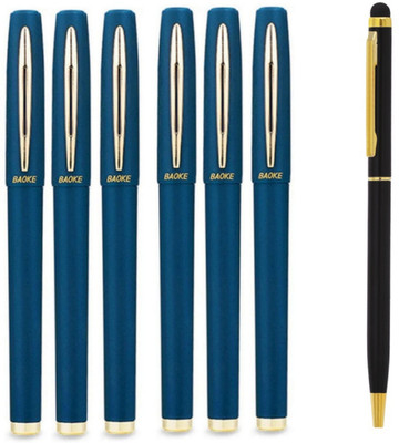 Baoke 6 Blue Gel Pen 1.0mm+FREE Roller Ball Blue Mobile Touch Pen|Gold & Black Finish Gel Pen(Pack of 7, Ink Color - Blue)