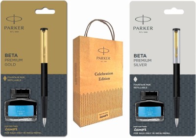 PARKER BETA PREMIUM GOLD & SILVER FOUNTAIN PEN GOLD TRIM With Gift Bag Fountain Pen(Pack of 2, Blue)