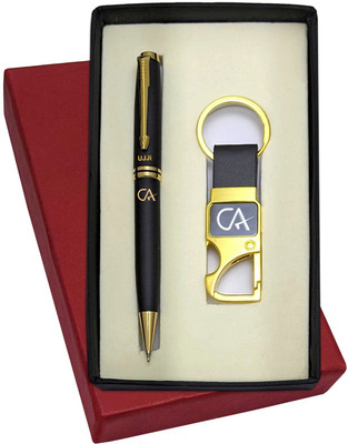 UJJi CA Logo Engraved Brass Body Black Colour Pen & Metal Hook Keychain Pen Gift Set(Pack of 2, Ink Color - Blue )