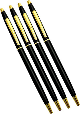 auteur 3600 Combo Pack Of 4 Ball Pen Slim Black Metal Body Gold Plated Ball Pen(Pack of 4, Ink Color - Blue)