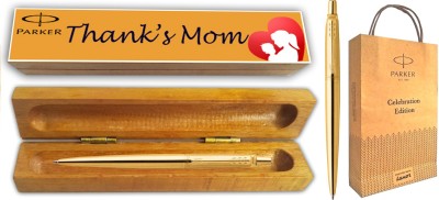 PARKER JOTTER LONDON GOLD GT BP With Wooden Thank's Mom Wishing Gift Box and Gift Bag Ball Pen(Blue)