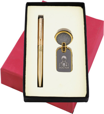 K K CROSI PENSET-004 Golden Keychain & Ball Pen Combo Set (Customization available) Ball Pen(Ink Color - Blue)
